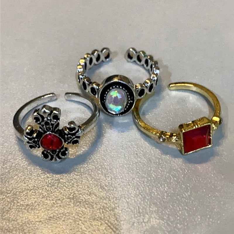 Vintage Gothic Temperament Red Crystal Cross Geometry Aesthetic Open Rings for Women Girl Punk Grunge Jewelry Men Rings