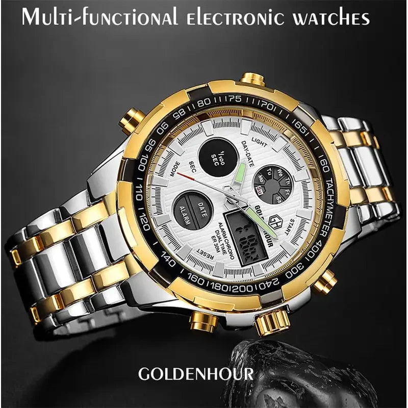 GOLDEN HOUR Luxury Men's Sport Stainless Steel Waterproof Dual Display Analog Digital Quartz Wristwatches Relogio Masculino