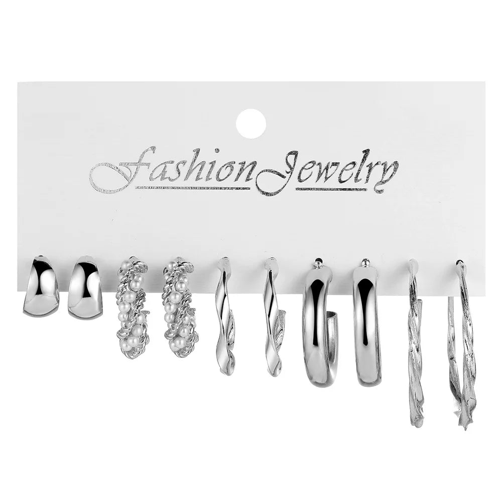 LATS Boho Big Circle Hoop Earring Set for Women Gold Color Bohemia Vintage Pearl Square Earring Heart Zircon Ear Studs Jewelry