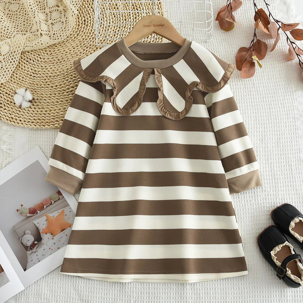 Bear Leader Autumn Spring New Girls' Dress Fashion Cute Doll Neck Flower Print Dress Children's Girls Long Sleeve Princess Dress