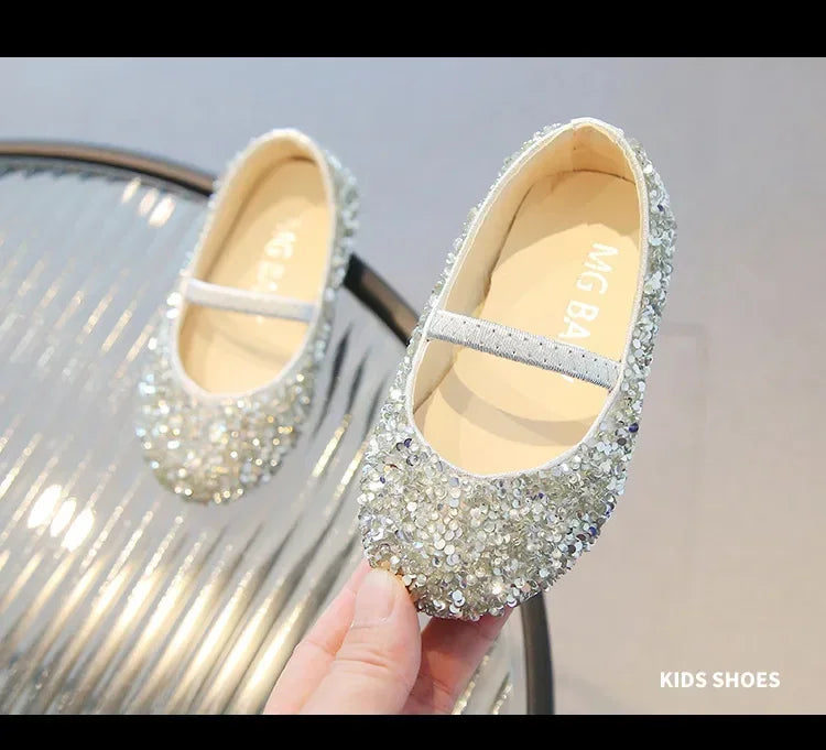 Children's 2025 new single shoe girls' fashion show sequined crystal shoes baby Baotou fashionable soft soled princess shoes