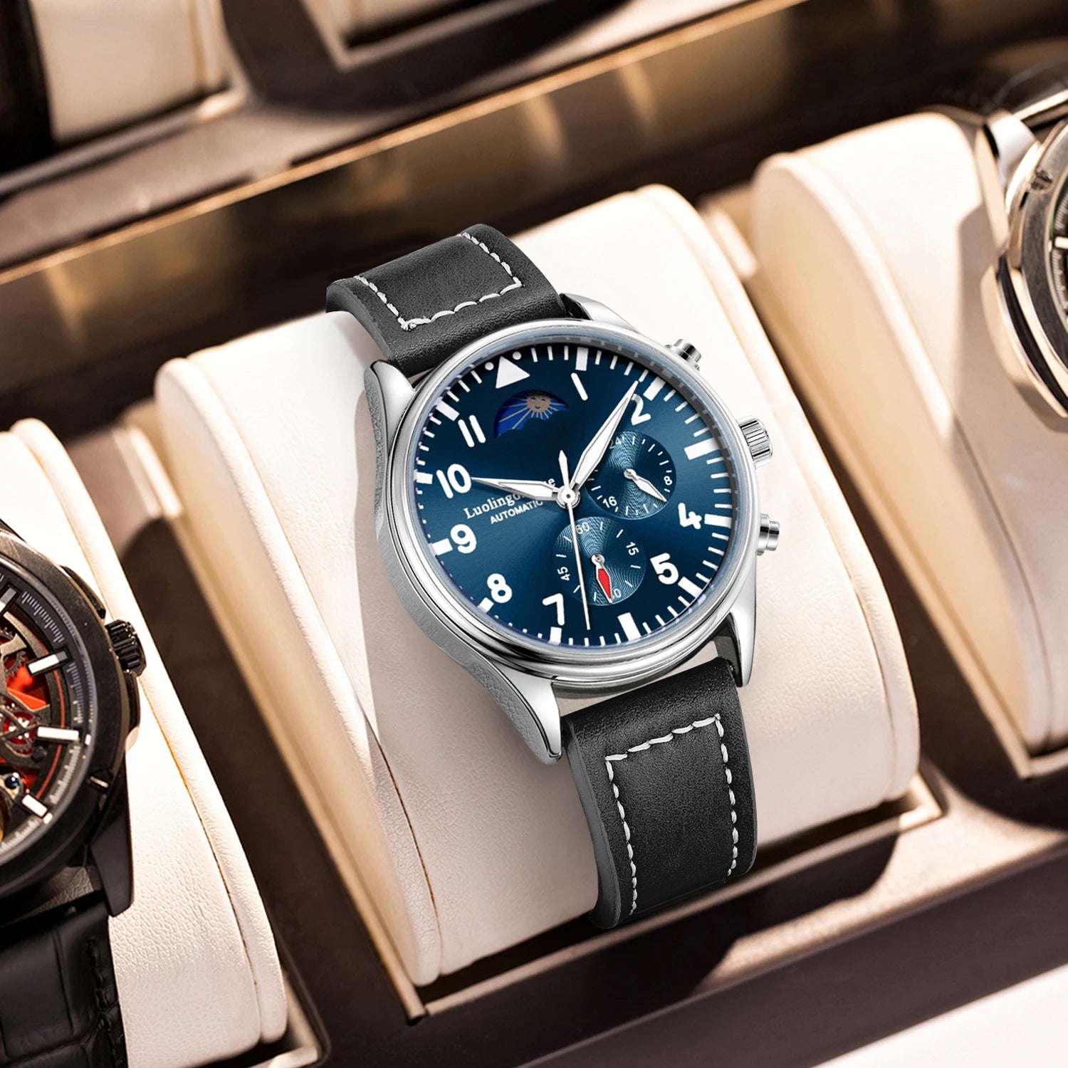 Luxury High-End Watch Series, Business Casual Men's Mechanical Watch, Automatic Winding, Round Dial, Multi-Function Display, Leather Strap, European and American Style, High Aesthetic Value, Light Luxury, Fashionable and Vers