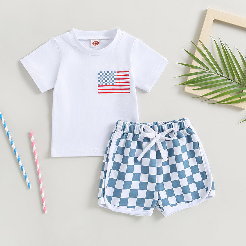 FOCUSNORM 0-3Y Baby Boys Clothes Sets 4th of July Flag Print Short Sleeve T-Shirt Checkerboard Shorts Set Summer Clothes