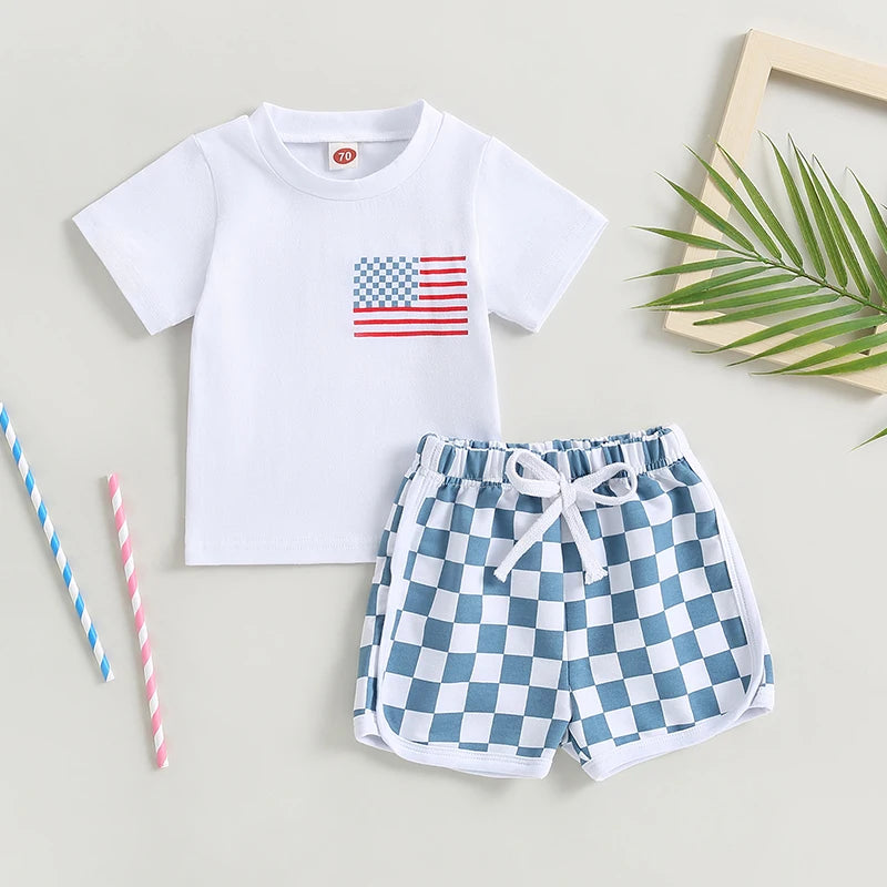 FOCUSNORM 0-3Y Baby Boys Clothes Sets 4th of July Flag Print Short Sleeve T-Shirt Checkerboard Shorts Set Summer Clothes
