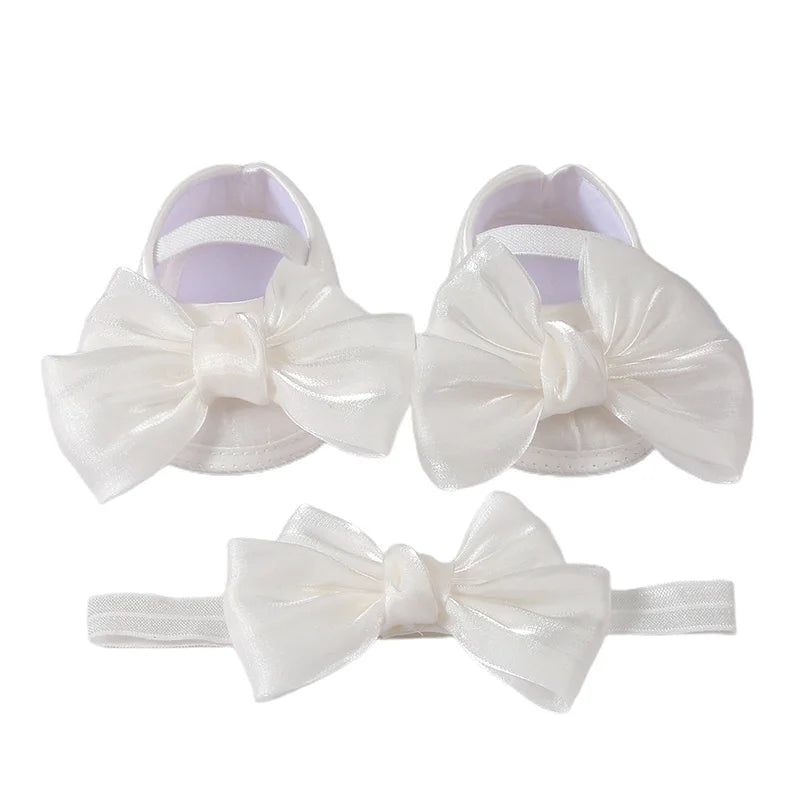 Baby Girls Baptism Shoes and Headband Shiny Bowknot Mary Jane Flats and Hairband Set 0-12M