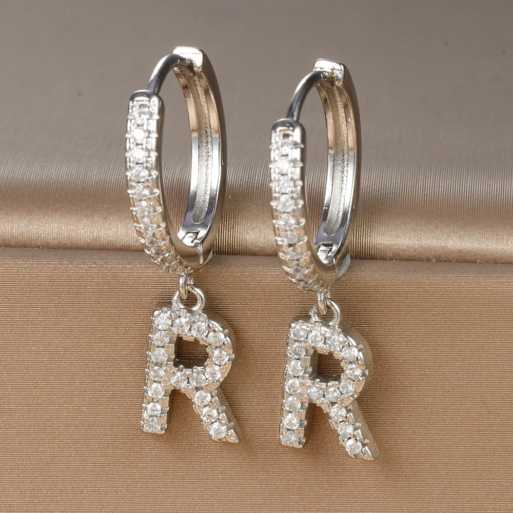 Silver Color Stainless Steel 26 Letters Hoop Earrings For Women A-Z Crystal Zircon Cartilage Piercing Earrings Wedding Jewelry