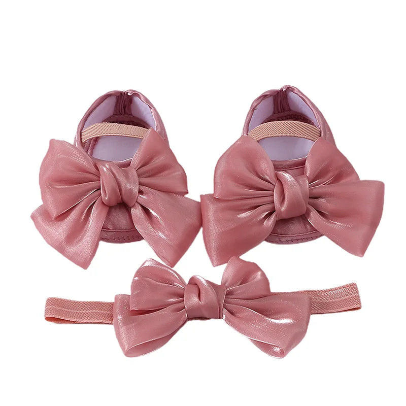 Baby Girls Baptism Shoes and Headband Shiny Bowknot Mary Jane Flats and Hairband Set 0-12M
