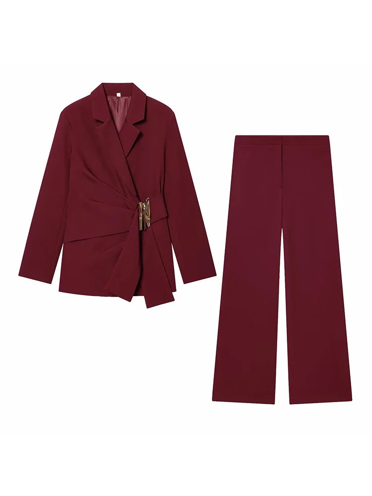 Women Suit Pants Two-Piece Set Buckle Decoration Long Sleeve Blazer Coat + Straight-Leg Pants 2 Pieces Sets Chic Woman Outfits