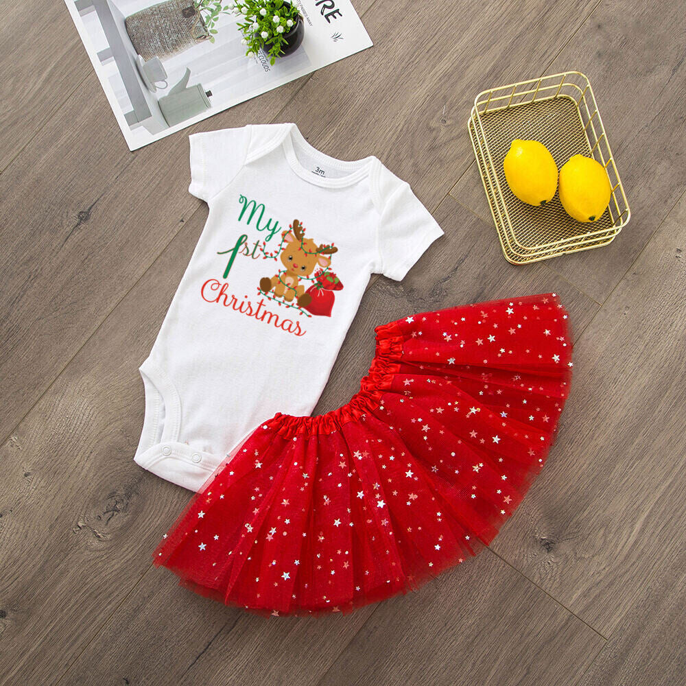My 1st Christmas Print Baby Girls Cake Smash Dresses Outfits Newborn Xmas Party Tutu + Bodysuit Dress Set Infant Baptism Clothes
