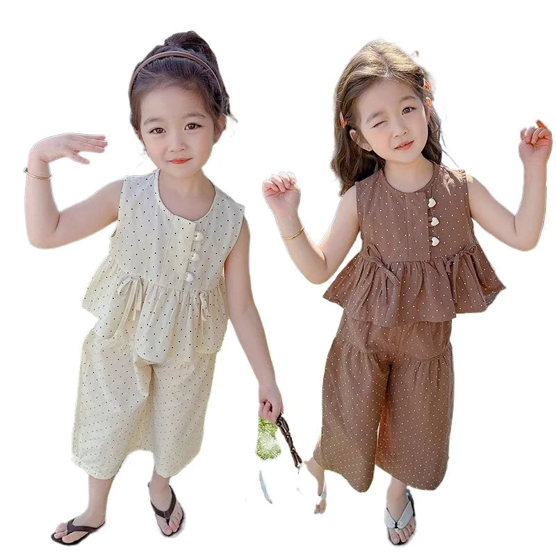 Baby Girl's Casual Clothing Summer Sleeveless Polka Dot Top+Wide Leg Pants Set with Bow and Botton 2PCS Set Childrens Clothing