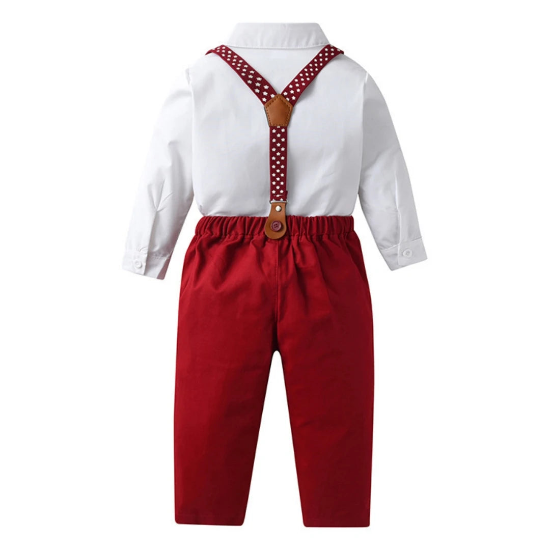 Christmas Outfit for 1-7 Years Boys Long Sleeve Solid 4PCS Sets Kid Gentleman Birthday Cotton Clothing Star Suspender Baby Suit