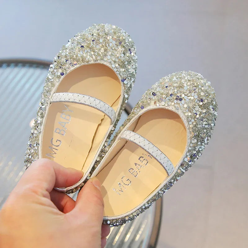 Children's 2025 new single shoe girls' fashion show sequined crystal shoes baby Baotou fashionable soft soled princess shoes