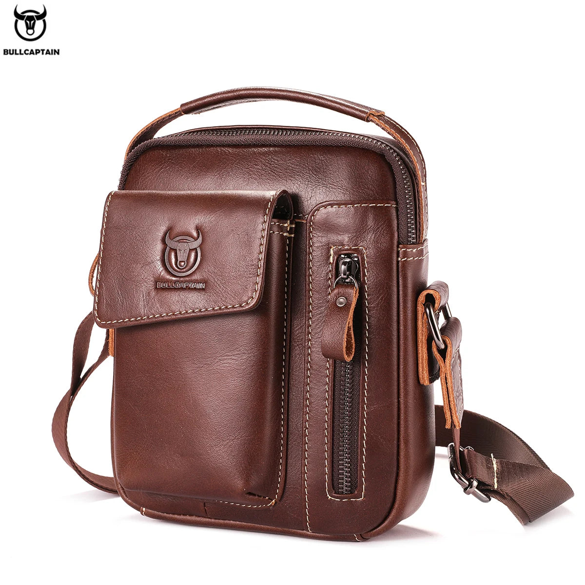 BULLCAPTAIN Casual Fashion Men's Messenger Bag's Business Portable Handbag Man Leather Shoulder Bag Mobile 6.5'' Phone Bags
