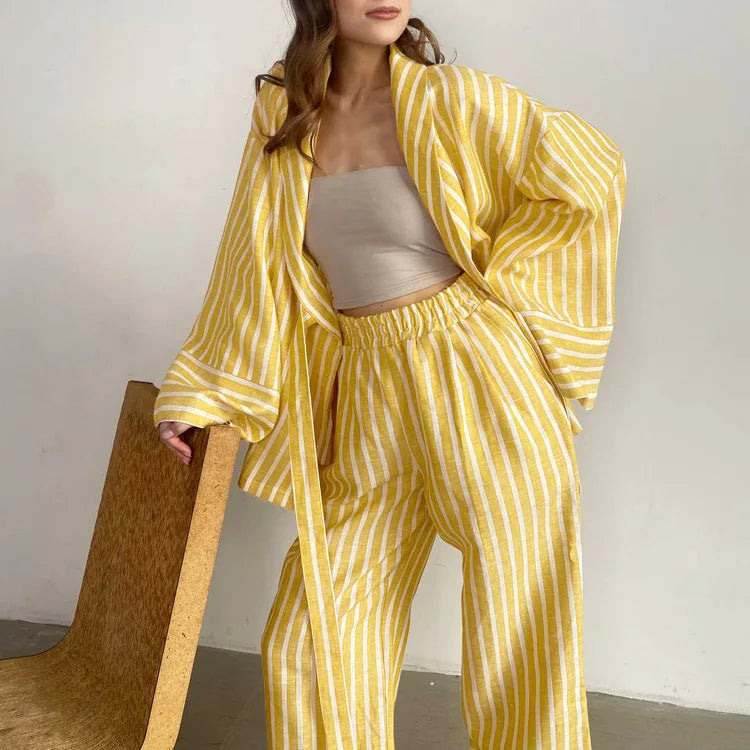 Women's Two-piece Set  Autumn New Striped Long-sleeved Loose Lace-up Top High-waisted Trousers Fashion Casual Suit for Women