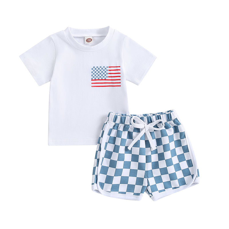FOCUSNORM 0-3Y Baby Boys Clothes Sets 4th of July Flag Print Short Sleeve T-Shirt Checkerboard Shorts Set Summer Clothes