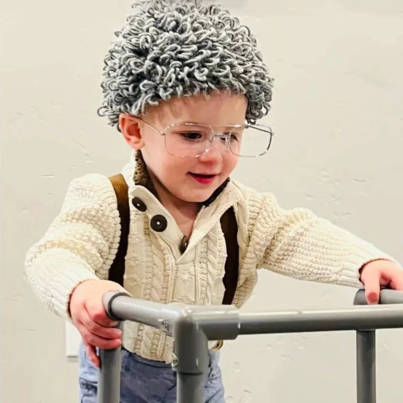 Kids Boy Girl Hat Cute Old Lady Woman Curly Hair Wig Cap Skullies Beanies Winter Knitted Children Baby Hats and Caps Accessories