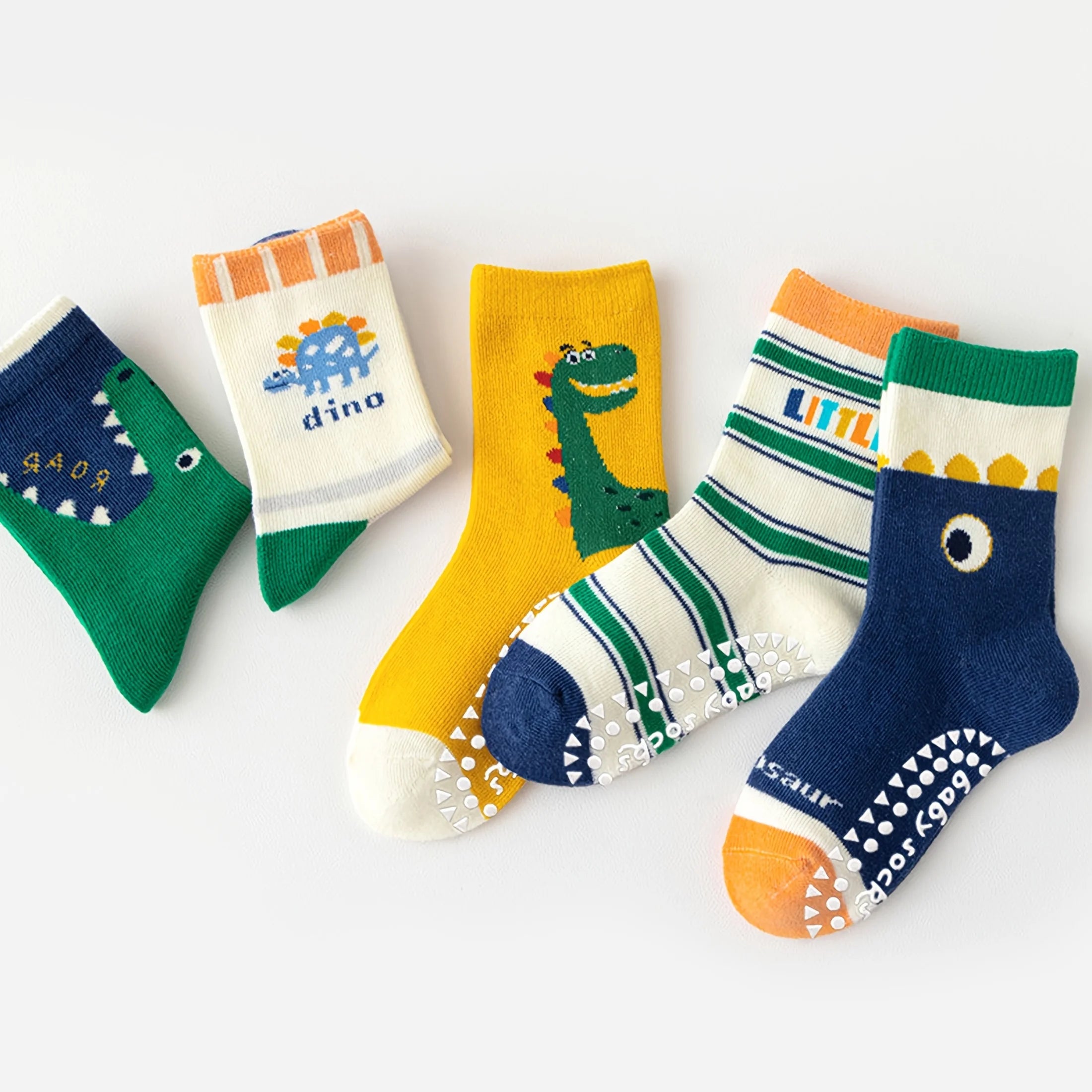 5 Pairs of Children's Floor Socks with Letter Stripes, Cartoon Big-Eyed Dinosaur Pattern, for Boys and Girls, Baby Toddler Soft-Soled Indoor Non-Slip Mid-Tube Socks, Suitable for Casual Daily Life