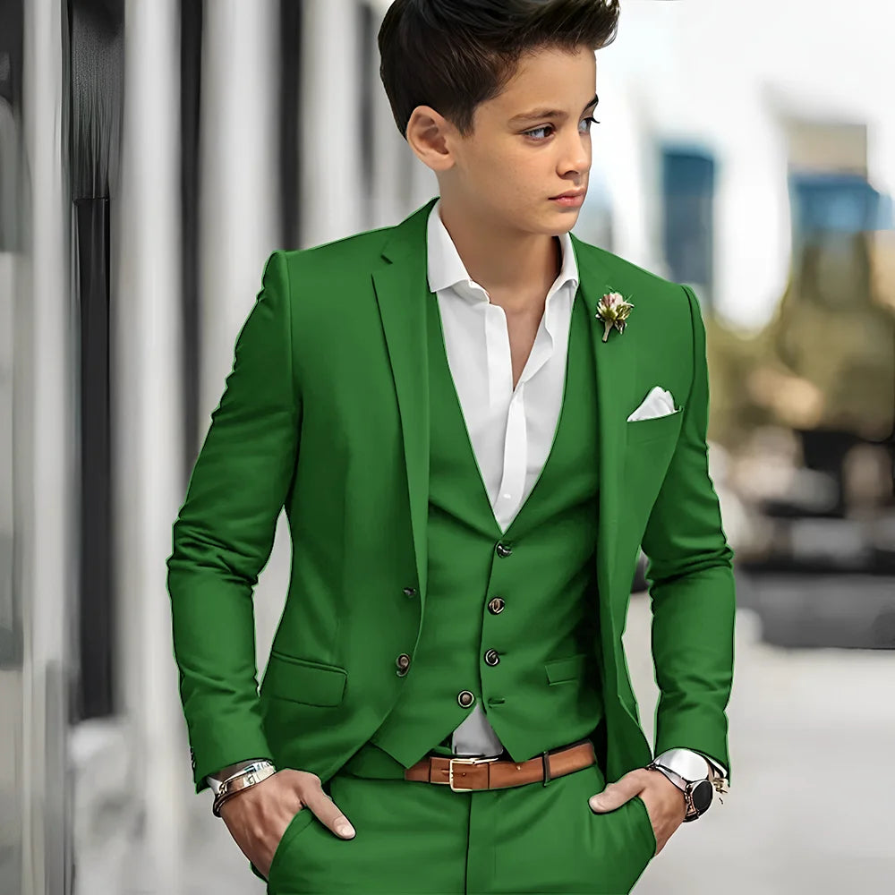 Luxury Green Bos Suits Elegant Wedding 3 Piece Jacket Pants Vest Boy Clothing High Quality Customized Full Sets Costume Kids