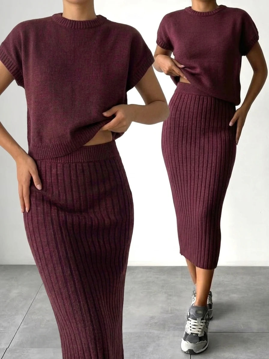 Women's 2 Piece Knit Outfit Set  2026 Spring Summer Short Sleeve Top Ribbed Midi Skirt Elegant Casual Daily Matching Suit