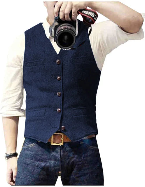 V Neck Men's Suits Vest Casual Classic Formal Business Herringbone Tweed Slim Fit Waistcoat For Wedding Groomsmen