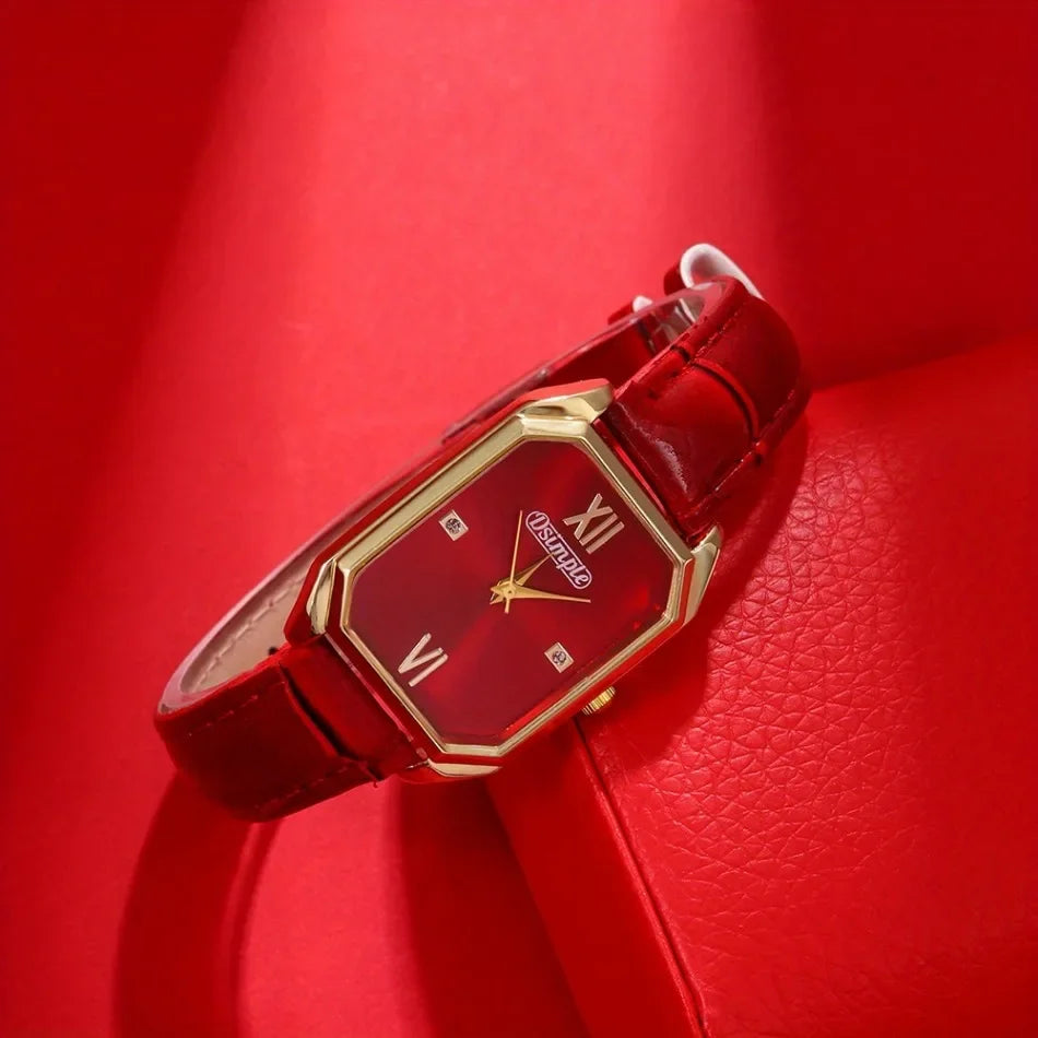 Luxury Women's Watches Elegant Womens Quartz Watch Analog Red PU Leather Designer Square Dial Wrist Watch Ideal Choice for Gifts