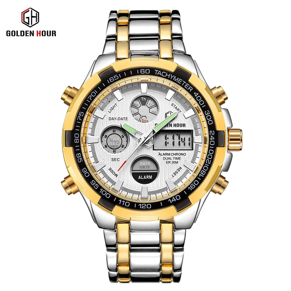 GOLDEN HOUR Luxury Men's Sport Stainless Steel Waterproof Dual Display Analog Digital Quartz Wristwatches Relogio Masculino
