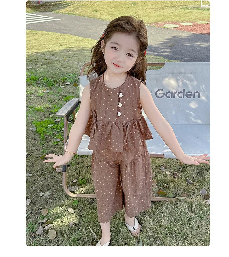 Baby Girl's Casual Clothing Summer Sleeveless Polka Dot Top+Wide Leg Pants Set with Bow and Botton 2PCS Set Childrens Clothing