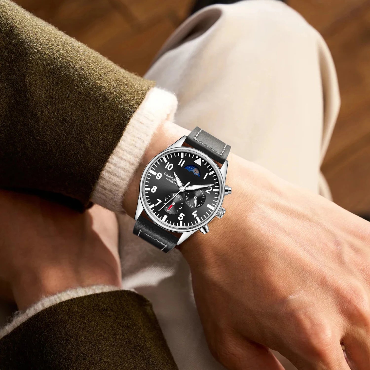 Luxury High-End Watch Series, Business Casual Men's Mechanical Watch, Automatic Winding, Round Dial, Multi-Function Display, Leather Strap, European and American Style, High Aesthetic Value, Light Luxury, Fashionable and Vers