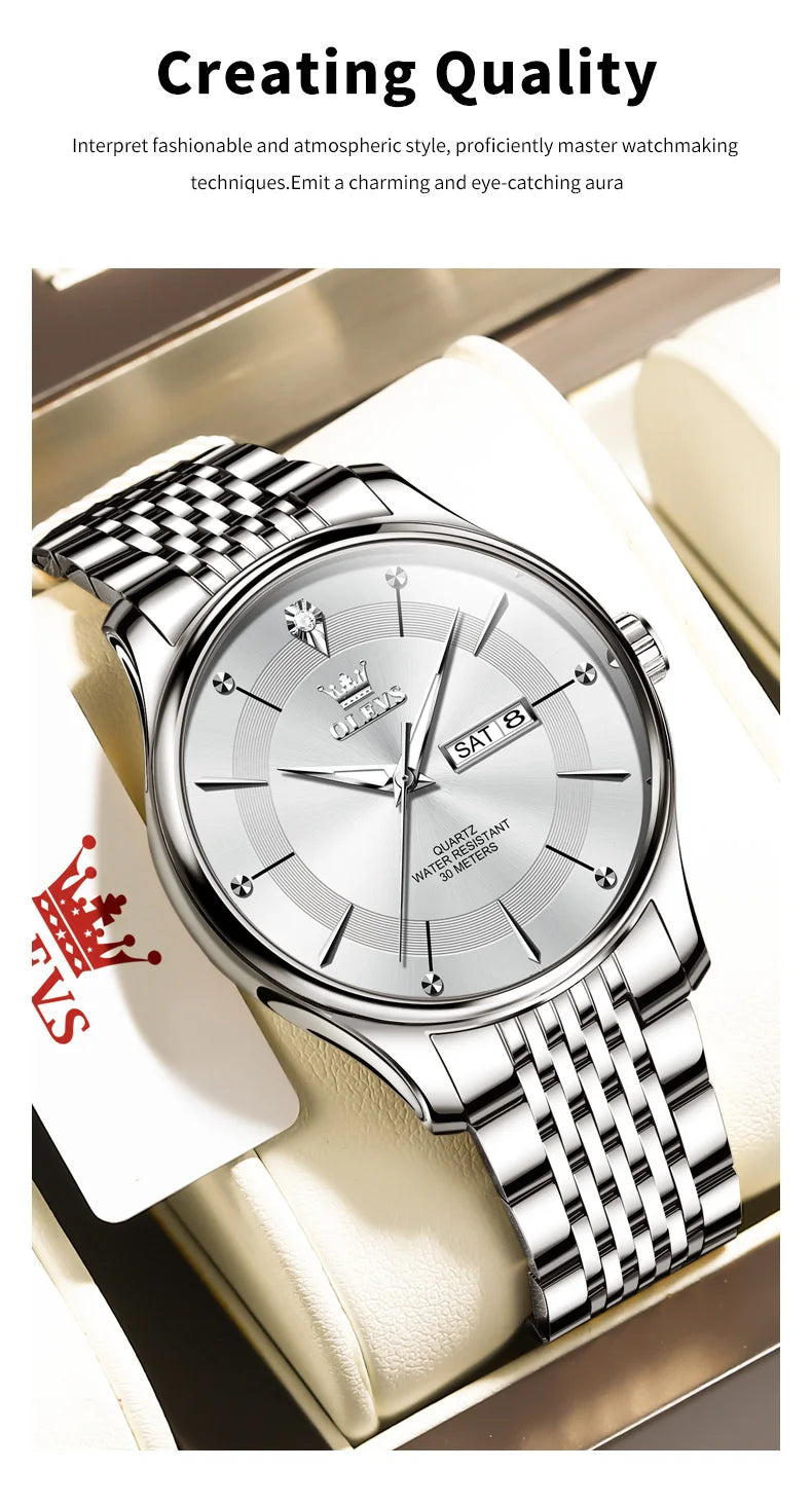 OLEVS Men's Watches Business Simply Original Quartz Watch for Man Waterproof Stainless Steel Luminous Hands Date Week