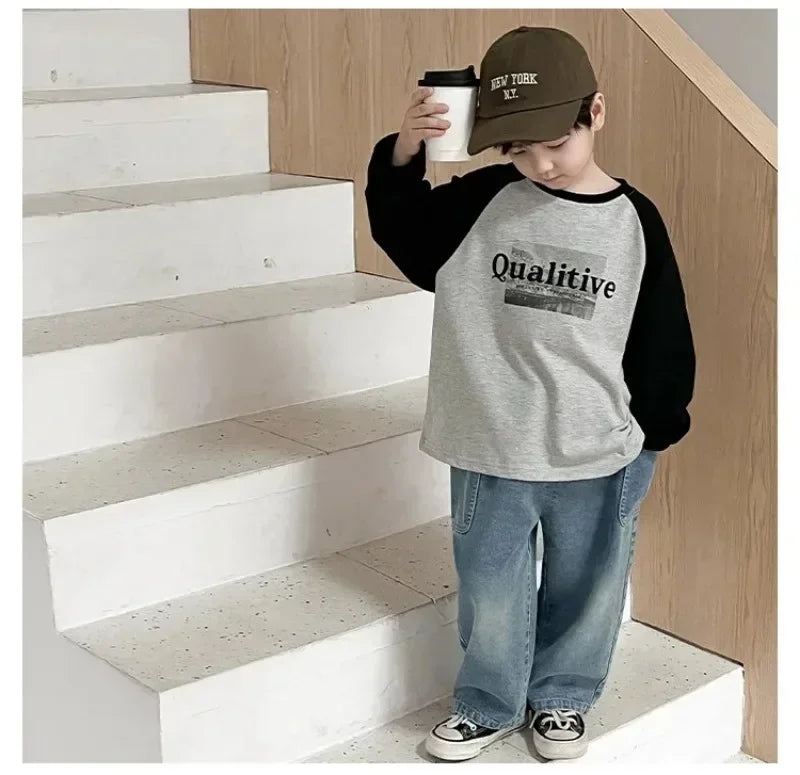 2025 Spring and Autumn New Kids pants Fashion solid color Children's straight jeans Boys loose casual denim Trousers