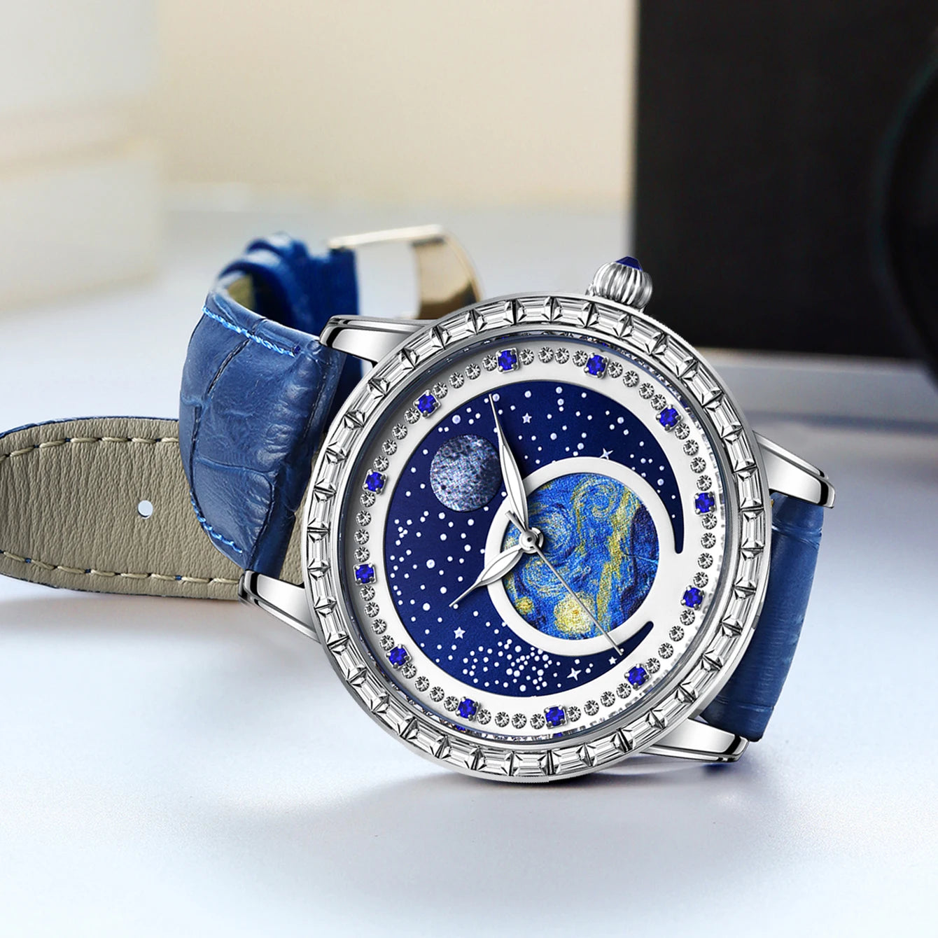Luxury men's quartz watch, waterproof luminous oil painting starry sky dial, multifunctional watch