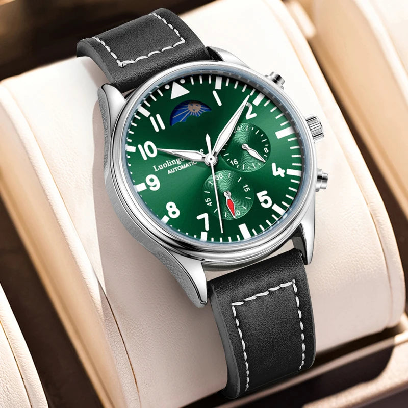 Luxury High-End Watch Series, Business Casual Men's Mechanical Watch, Automatic Winding, Round Dial, Multi-Function Display, Leather Strap, European and American Style, High Aesthetic Value, Light Luxury, Fashionable and Vers