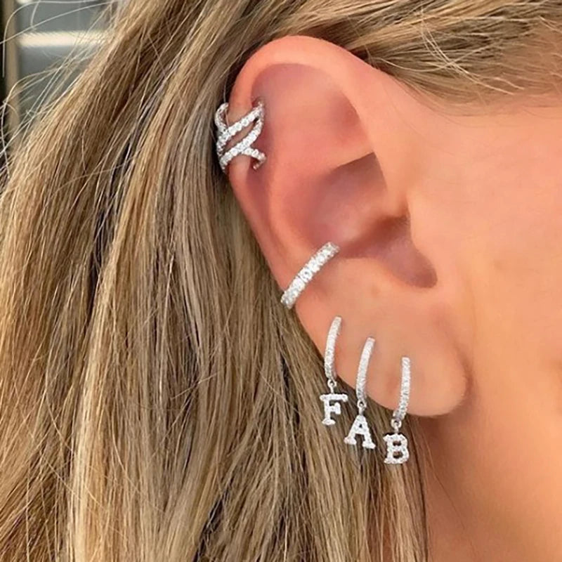 Silver Color Stainless Steel 26 Letters Hoop Earrings For Women A-Z Crystal Zircon Cartilage Piercing Earrings Wedding Jewelry