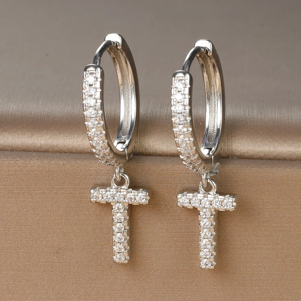 Silver Color Stainless Steel 26 Letters Hoop Earrings For Women A-Z Crystal Zircon Cartilage Piercing Earrings Wedding Jewelry