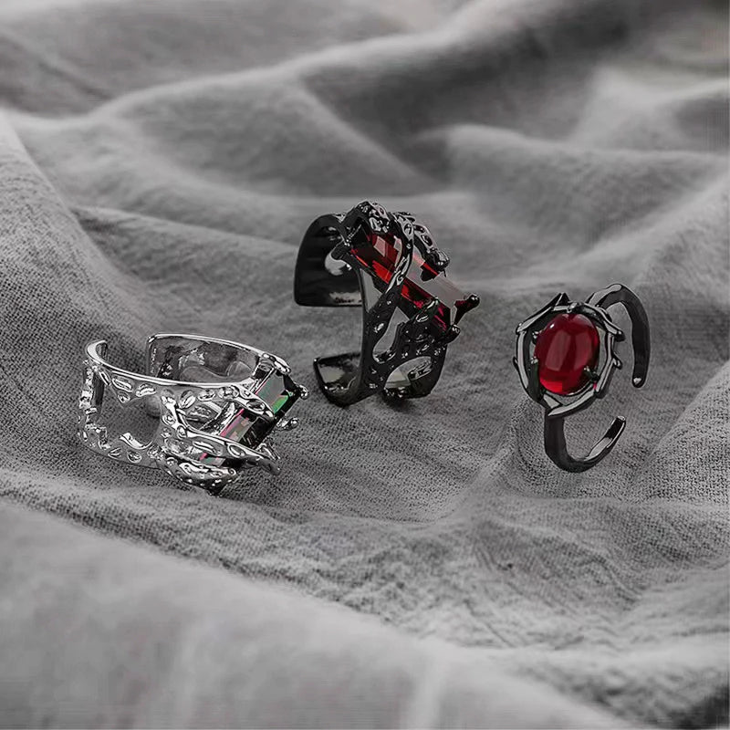 Vintage Gothic Temperament Red Crystal Cross Geometry Aesthetic Open Rings for Women Girl Punk Grunge Jewelry Men Rings