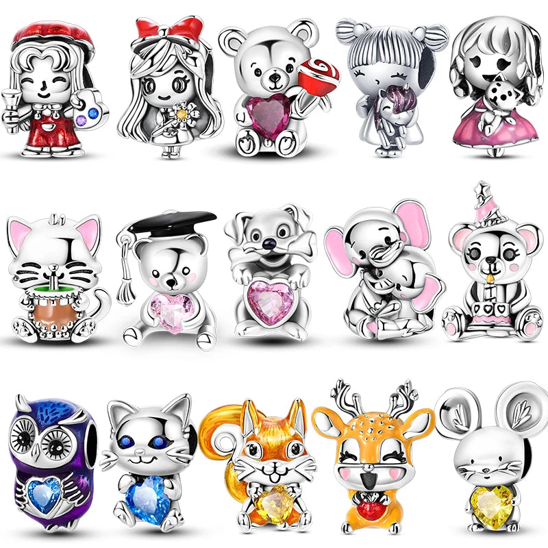 Original Charms 925 Silver Cute Animals Cat Bear Bead For Silver Bracelet Diy Fahsion Jewelry