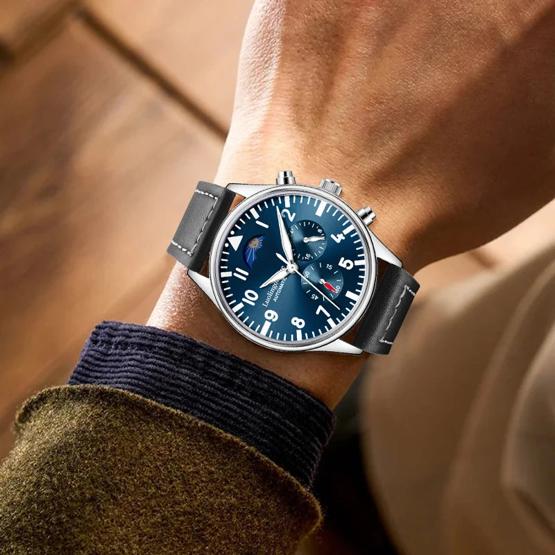 Luxury High-End Watch Series, Business Casual Men's Mechanical Watch, Automatic Winding, Round Dial, Multi-Function Display, Leather Strap, European and American Style, High Aesthetic Value, Light Luxury, Fashionable and Vers