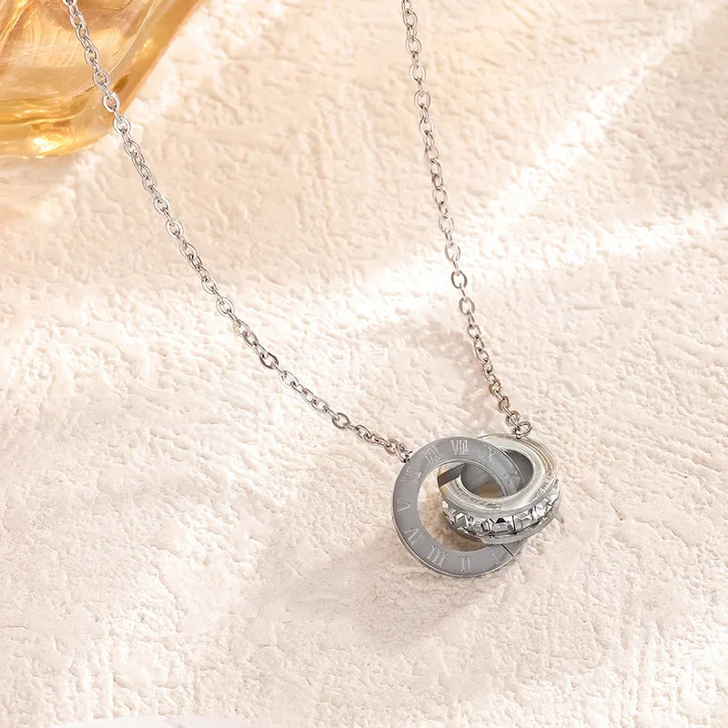 Roman Numeral Double Ring Zircon Inlaid Pendant Necklace For Women Men Personalized Silver Color Gold Color Metal Party Jewelry
