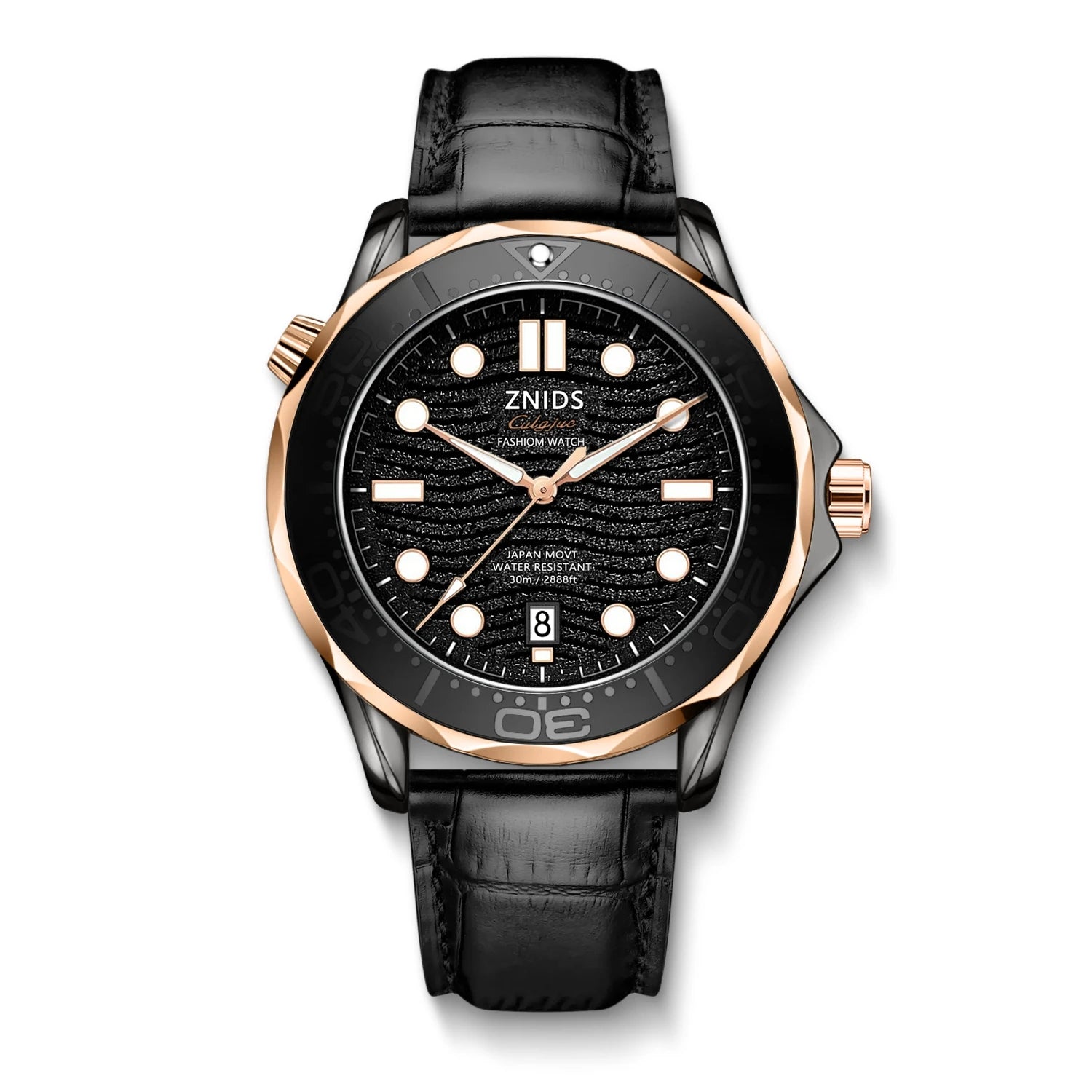 Luxury Men's Quartz Watch, Business Casual Versatile Wristwatch, Quartz Movement with Precise Timekeeping, Waterproof, Luminous Scale and Calendar Window, Rose Gold Bezel, Black Dial, Leather Strap, Luxury High-End Men's Watc