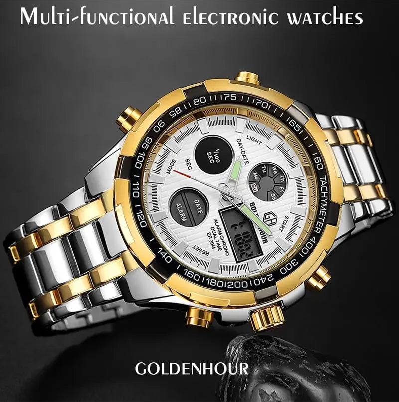 GOLDEN HOUR Luxury Men's Sport Stainless Steel Waterproof Dual Display Analog Digital Quartz Wristwatches Relogio Masculino