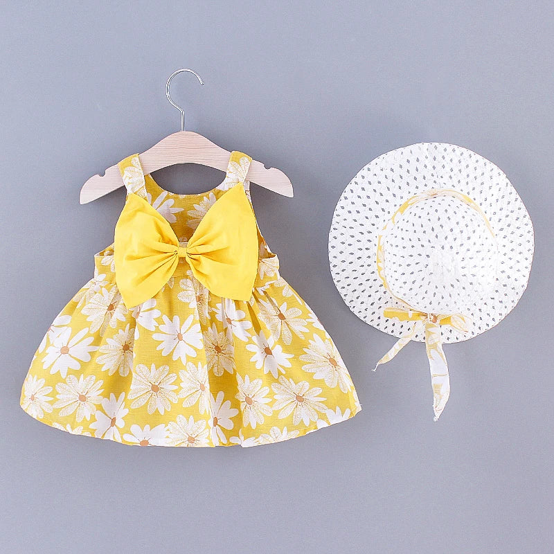 Baby Girl Dress Summer Bow And Full Print Daisy Pattern Suspender Beach Baby Dresses Cute Casual Baby Girl Clothes With Hat ﻿