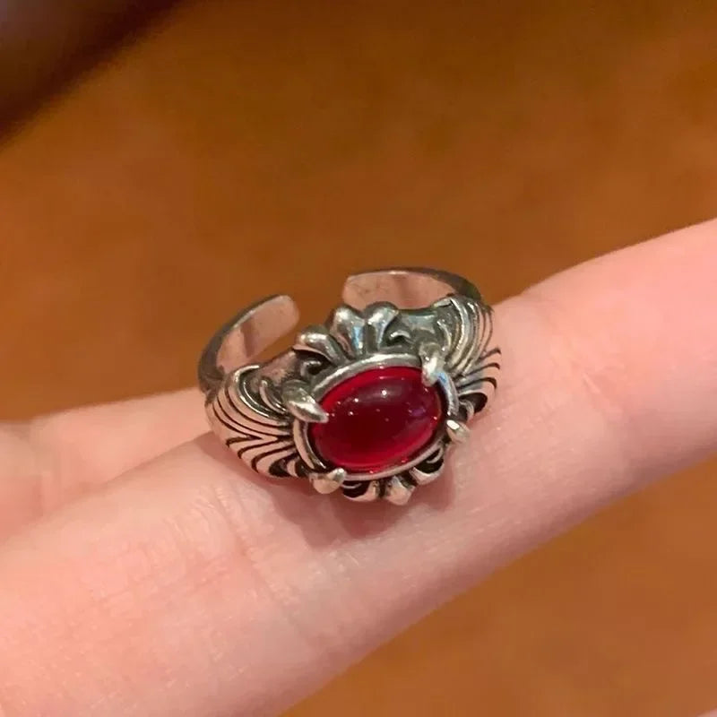 Vintage Gothic Temperament Red Crystal Cross Geometry Aesthetic Open Rings for Women Girl Punk Grunge Jewelry Men Rings