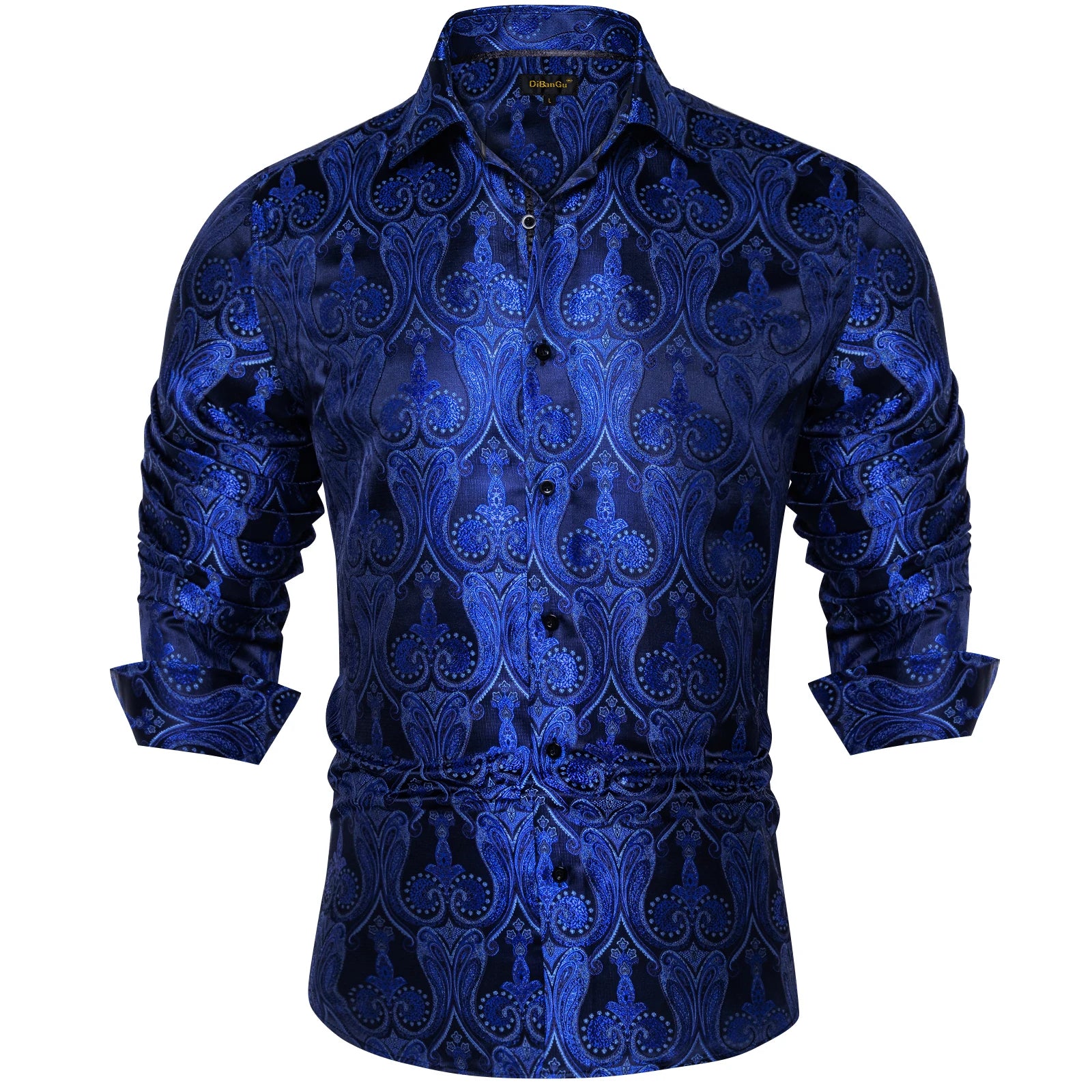 Luxury Men Dress Shirt Formal Prom Tuxedo Long Sleeve Polyester Golden Color Paisley Black Shirts Blouse Men Clothing