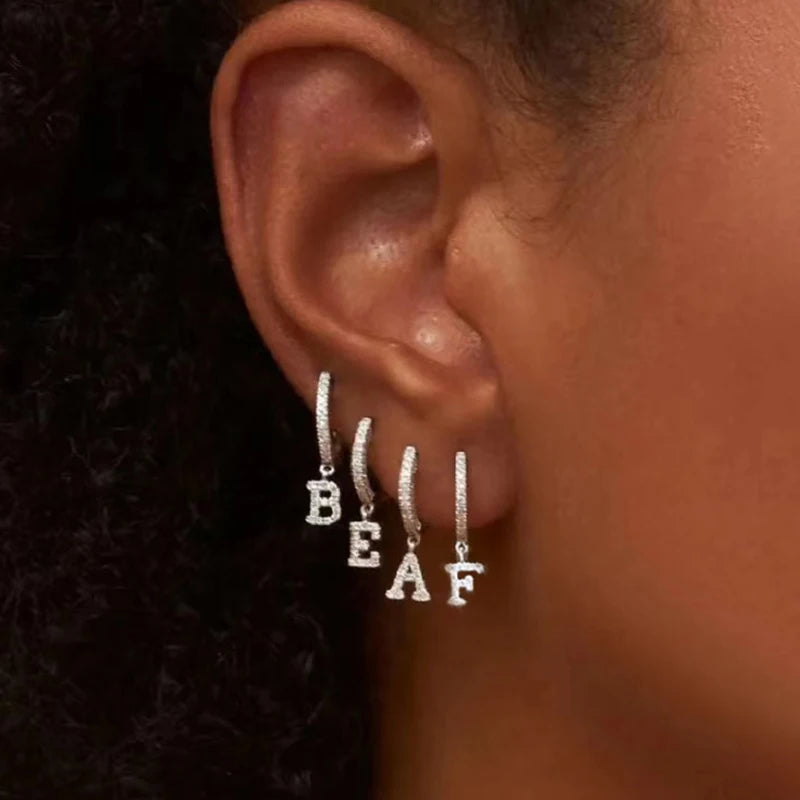 Silver Color Stainless Steel 26 Letters Hoop Earrings For Women A-Z Crystal Zircon Cartilage Piercing Earrings Wedding Jewelry