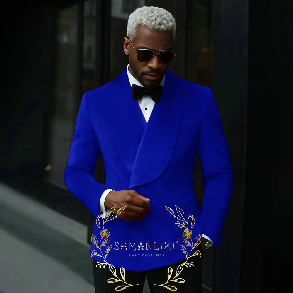 Luxury Grey Velvet Suits Men 2 Pieces Sets Double Breasted Groom Blazers Customized Man Banquet Wedding Tuxedos Male Clothing