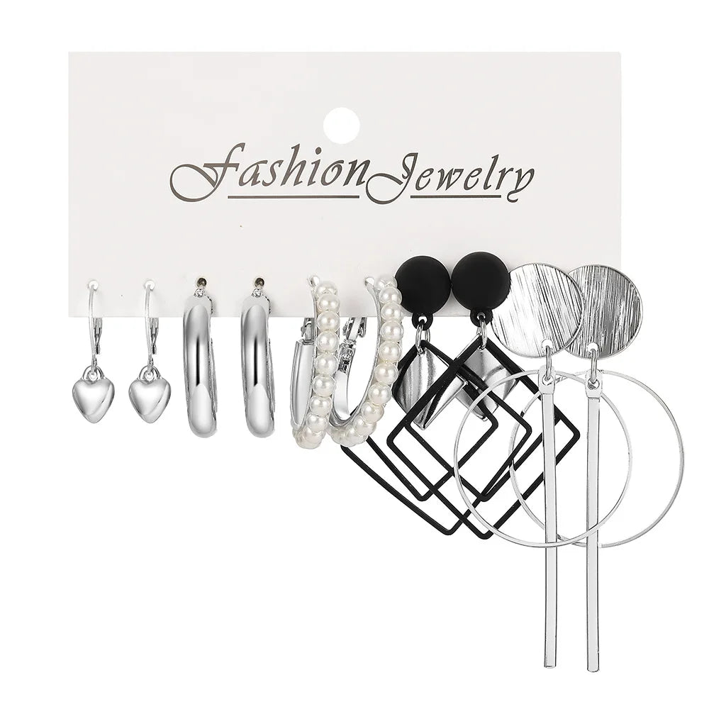 LATS Boho Big Circle Hoop Earring Set for Women Gold Color Bohemia Vintage Pearl Square Earring Heart Zircon Ear Studs Jewelry