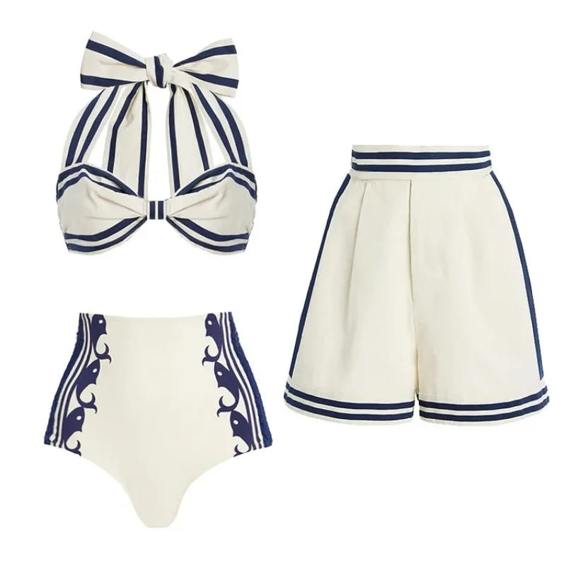 Women 3-Piece Swimwear Outfit High Waist Bikini Set Push Up Swimsuit Monokini Beachwear 2-Piece Bathing Suit Vocation Beachwear