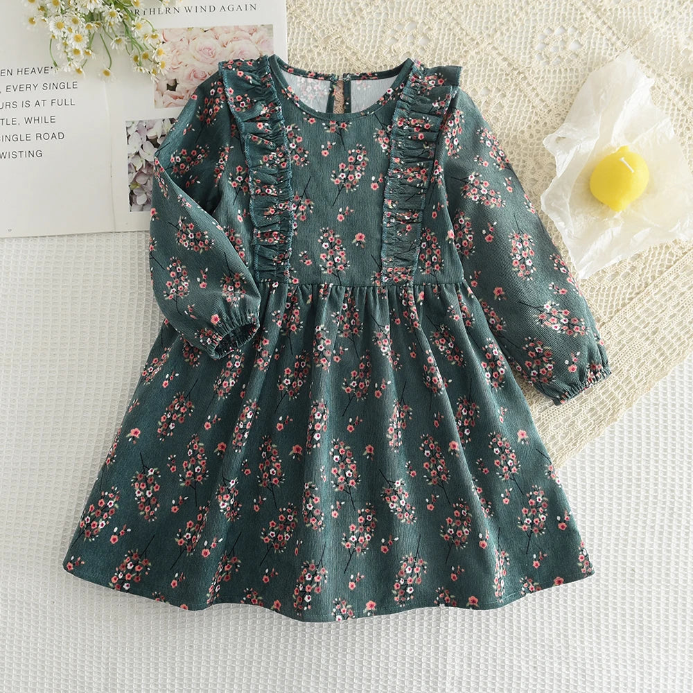 Bear Leader Autumn Spring New Girls' Dress Fashion Cute Doll Neck Flower Print Dress Children's Girls Long Sleeve Princess Dress
