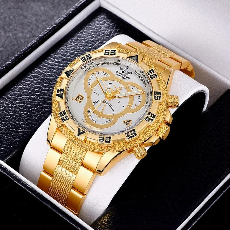 Luxury Large Dial Men's Watch, Stainless Steel Bracelet, Multi-Function Chronograph, Gold/Silver Two Colors, Fashion Quartz Wris