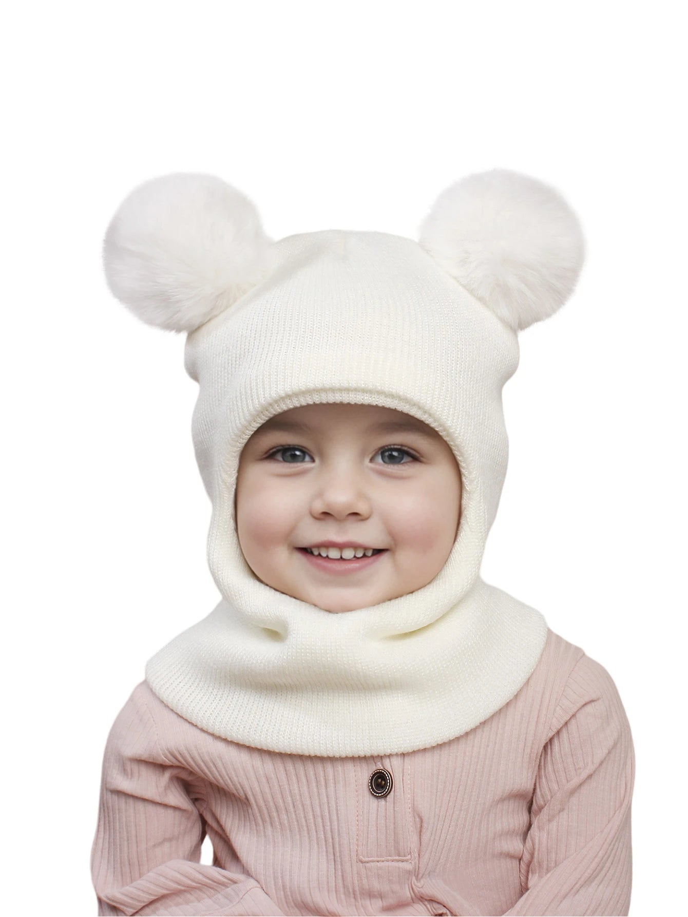 3-12Y autumn and winter double-ball pullover cap, children's double-ball ear-protecting one-piece cap, solid-color cute woolen o